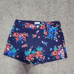 SO Navy Floral Print Women's Jean Shorts with Coral & Teal Accents